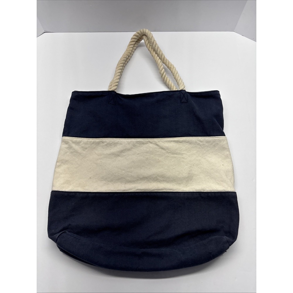 American Eagle Large Navy And Cream Canvas Tote 3 Pockets, Rope handles